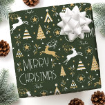 Art Deco Christmas Reindeer Custom Name Dark Green Wrapping Paper<br><div class="desc">Make your holiday gifts extra special with custom name wrapping paper. This elegant design features vintage-style illustrations inspired by the opulence of the Art Deco era. It includes leaping reindeer, festive Christmas trees and stars, paired with stylish retro typography. Personalise the template with the recipient's name, or your family surname....</div>