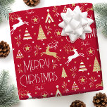 Art Deco Christmas Reindeer Custom Name Deep Red Wrapping Paper<br><div class="desc">Make your holiday gifts extra special with custom name wrapping paper. This elegant design features vintage-style illustrations inspired by the opulence of the Art Deco era. It includes leaping reindeer, festive Christmas trees and stars, paired with stylish retro typography. Personalise the template with the recipient's name, or your family surname....</div>