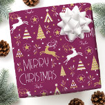 Art Deco Christmas Reindeer Custom Name Plum Gold Wrapping Paper<br><div class="desc">Make your holiday gifts extra special with custom name wrapping paper. This elegant design features vintage-style illustrations inspired by the opulence of the Art Deco era. It includes leaping reindeer, festive Christmas trees and stars, paired with stylish retro typography. Personalise the template with the recipient's name, or your family surname....</div>