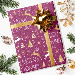 Art Deco Christmas Reindeer Custom Name Plum Gold Wrapping Paper<br><div class="desc">Make your holiday gifts extra special with custom name wrapping paper. This elegant design features vintage-style illustrations inspired by the opulence of the Art Deco era. It includes leaping reindeer, festive Christmas trees and stars, paired with stylish retro typography. Personalise the template with the recipient's name, or your family surname....</div>