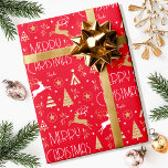 Art Deco Christmas Reindeer Custom Name Red Gold Wrapping Paper<br><div class="desc">Make your holiday gifts extra special with custom name wrapping paper. This elegant design features vintage-style illustrations inspired by the opulence of the Art Deco era. It includes leaping reindeer, festive Christmas trees and stars, paired with stylish retro typography. Personalise the template with the recipient's name, or your family surname....</div>