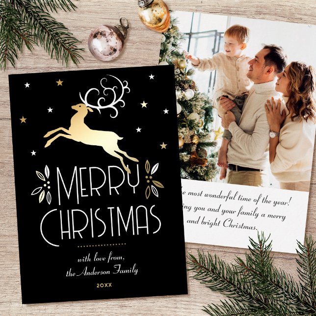 Art Deco Christmas Reindeer Photo Black Gold Foil Holiday Card (Creator Uploaded)