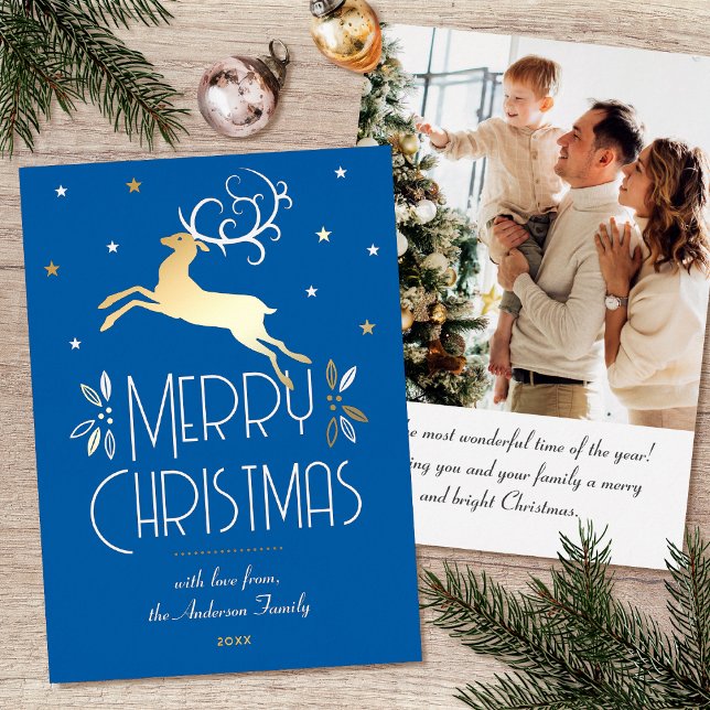 Art Deco Christmas Reindeer Photo Blue Gold Foil Holiday Card (Creator Uploaded)