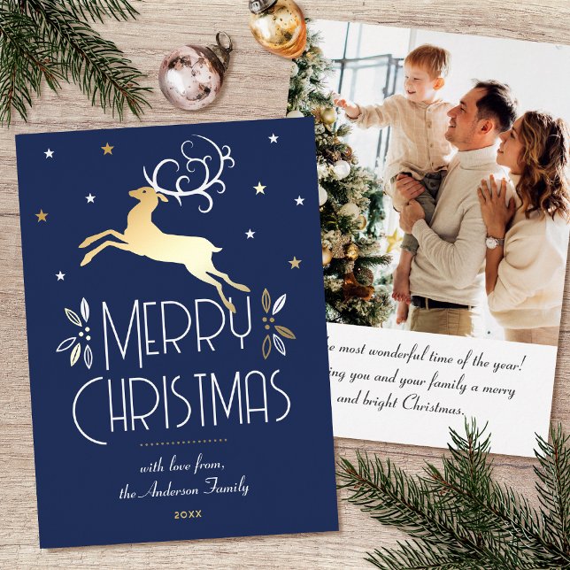 Art Deco Christmas Reindeer Photo Deep Blue Gold Foil Holiday Card (Creator Uploaded)
