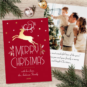 Art Deco Christmas Reindeer Photo Deep Red Gold Foil Holiday Card