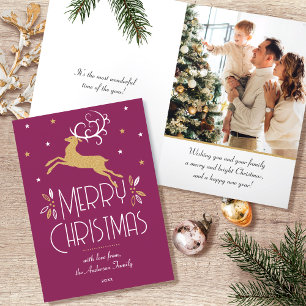 Art Deco Christmas Reindeer Photo Plum Gold Holiday Card