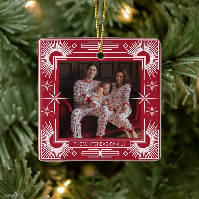 Art Deco Christmas Star Holiday Red Ceramic Ornament (Tree)