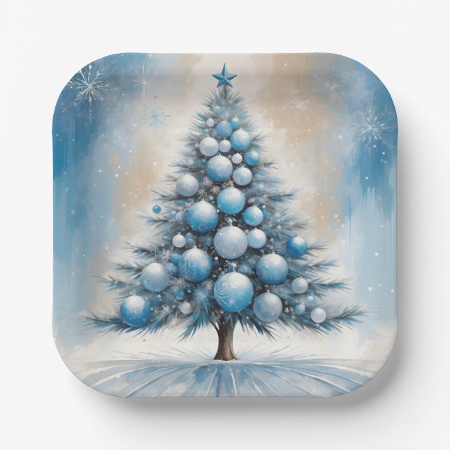 Art Deco Christmas Tree Blue Luxurious Ornaments Paper Plate (Front)