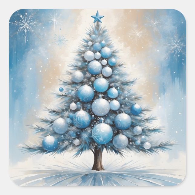 Art Deco Christmas Tree Blue Luxurious Ornaments Square Sticker (Front)