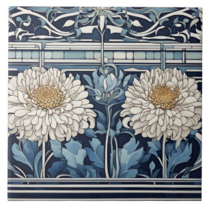 Art Deco chrysanthemum Flowers Art Nouveau Blue Ceramic Tile