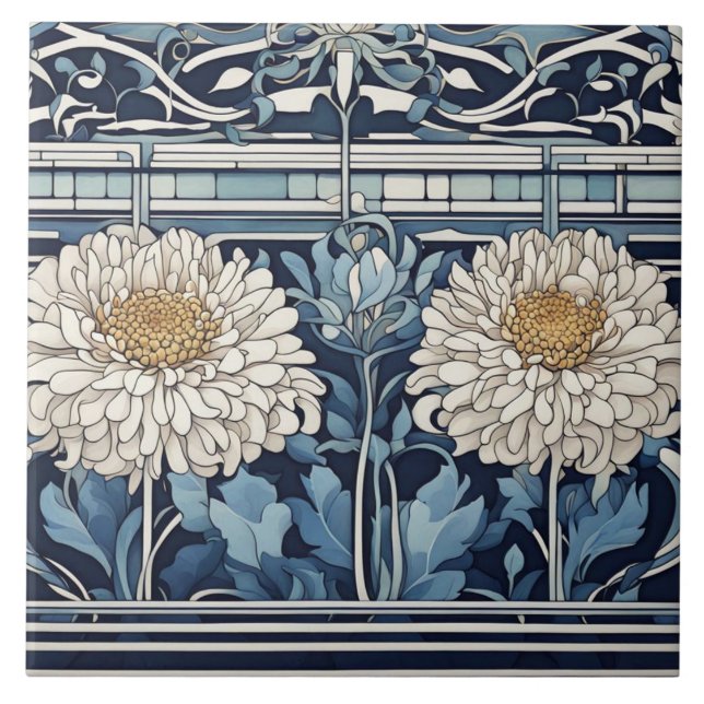 Art Deco chrysanthemum Flowers Art Nouveau Blue Ceramic Tile (Front)