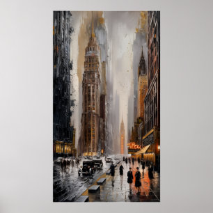 Art Deco Cityscape: Wet Streets and Skyscrapers Poster