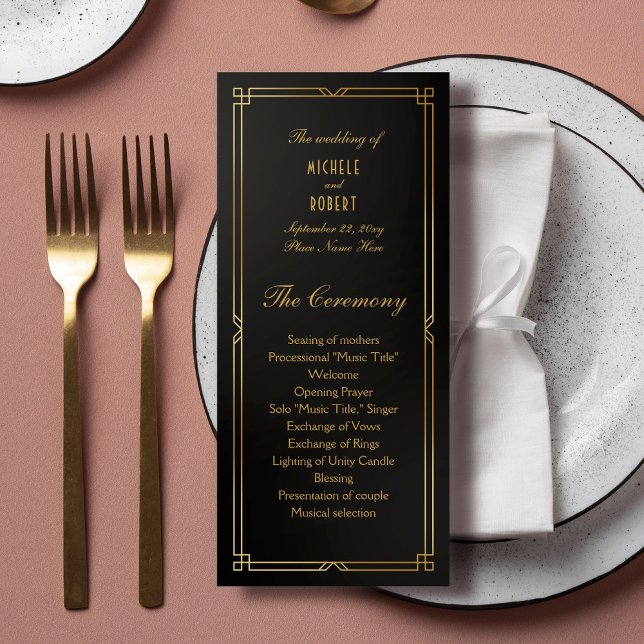 Art Deco Classic Black Gold Frame Wedding Program (Creator Uploaded)