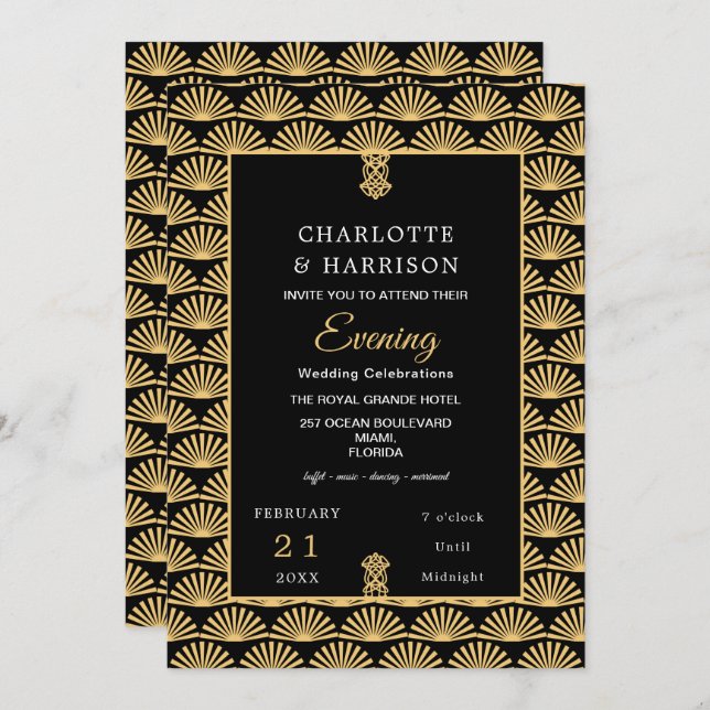 Art Deco Classy Black Gold Evening Wedding Invitation (Front/Back)