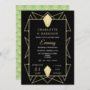 Art Deco Classy Green Gold Evening Wedding Invitation