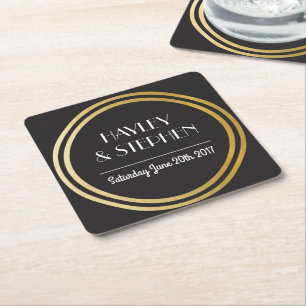 Art Deco Coasters Black Gold Circle Wedding Party