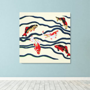 Art Deco Colourful Carp Swimming Navy Decor