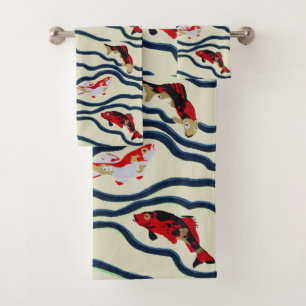 Art Deco Colourful Carp Swimming Navy Decor Bath Towel Set