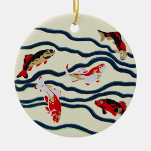 Art Deco Colourful Carp Swimming Navy Decor Ceramic Ornament
