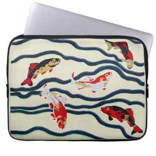 Art Deco Colourful Carp Swimming Navy Decor Laptop Sleeve