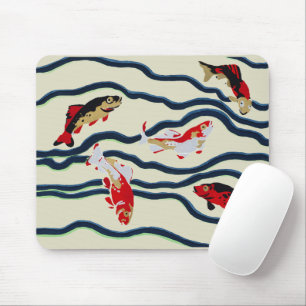 Art Deco Colourful Carp Swimming Navy Decor Mouse Pad
