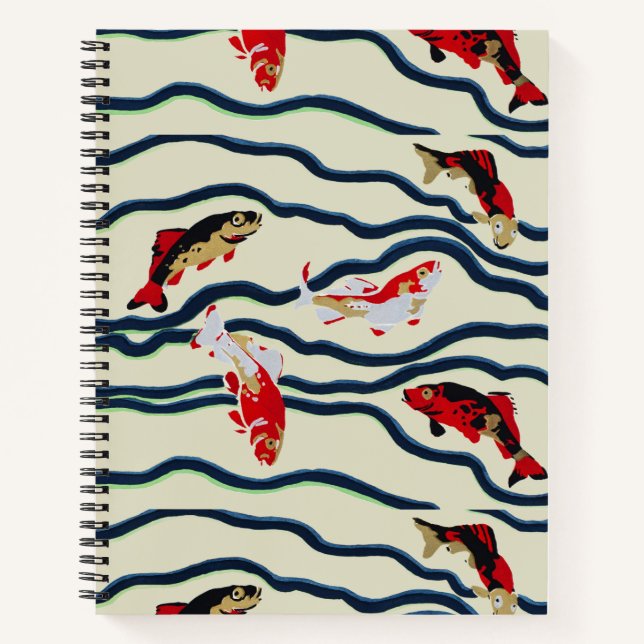 Art Deco Colourful Carp Swimming Navy Decor Notebook (Front)