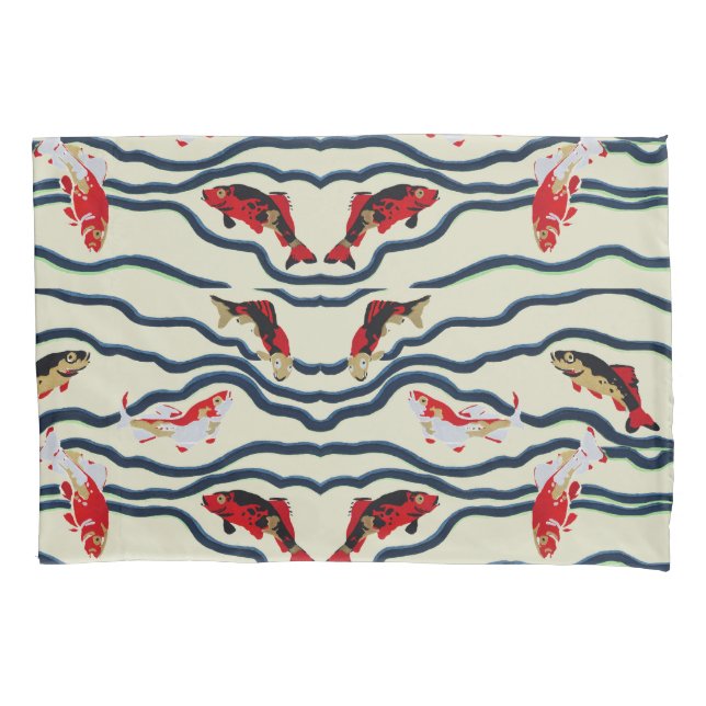 Art Deco Colourful Carp Swimming Navy Decor Pillowcase (Front)