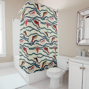 Art Deco Colourful Carp Swimming Navy Decor Shower Curtain