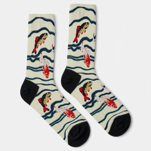 Art Deco Colourful Carp Swimming Navy Decor Socks