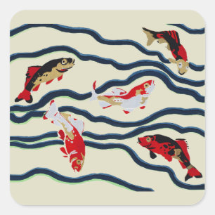 Art Deco Colourful Carp Swimming Navy Decor Square Sticker
