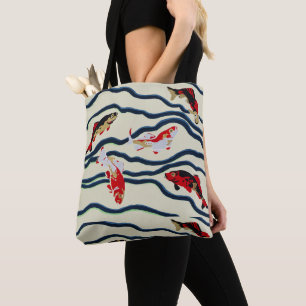 Art Deco Colourful Carp Swimming Navy Decor Tote Bag