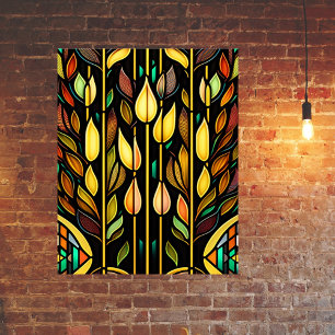 Art Deco Colourful Leaves Reeds Stained Glass Poster