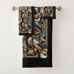 Art Deco Colourful Owl Bath Towel Set