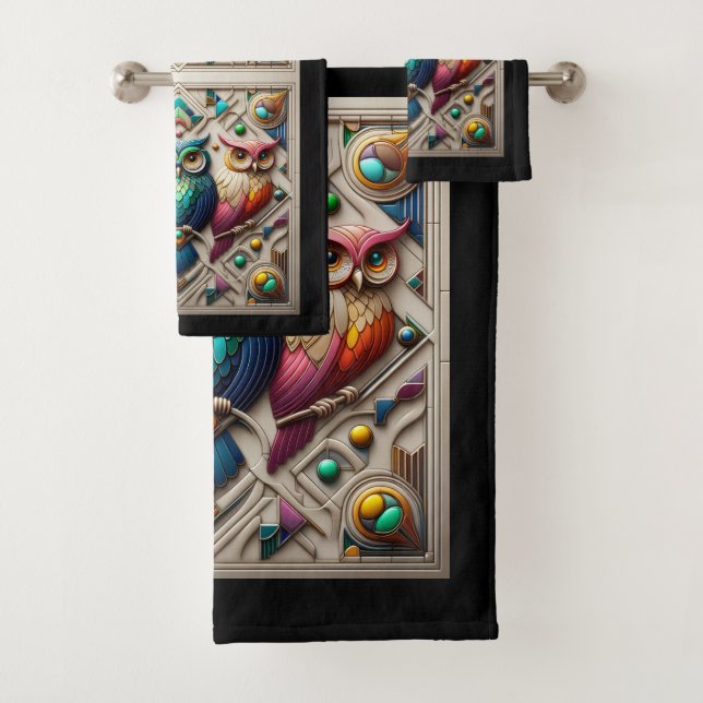 Art Deco Colourful Owl Bath Towel Set (Insitu)