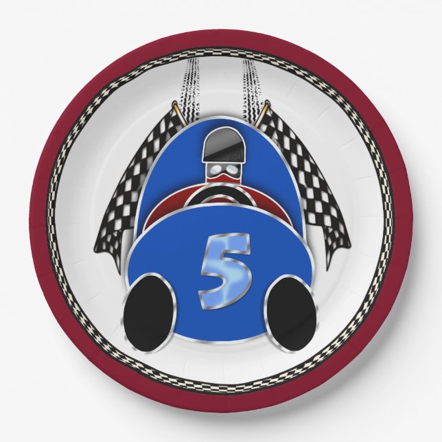 Art Deco Comic Style Blue Race Car Paper Plate (Front)