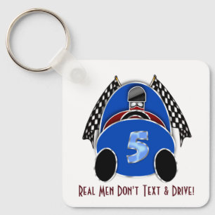 Art Deco Comic Style Blue Race Car (Personalised) Key Ring