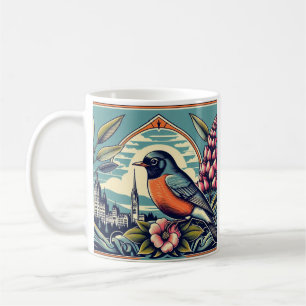 Art Deco Connecticut State Bird and Flower Blue Coffee Mug