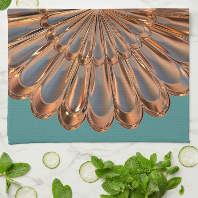 Art deco copper and teal fan shell design tea towel (Folded)