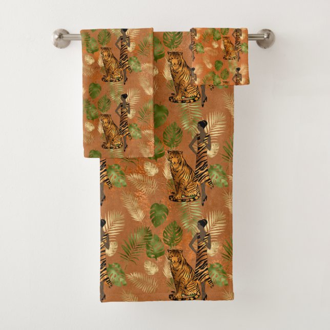 Art Deco Copper Green Gold Tiger Lady Bath Towel Set (Insitu)