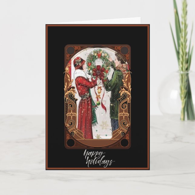 Art Deco Couple Hanging Wreath Christmas Card (Front)