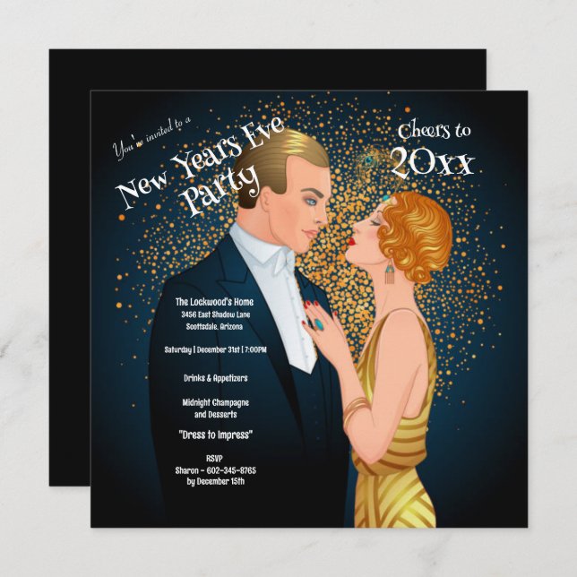 Art Deco Couple New Years Eve Party  Invitation (Front/Back)