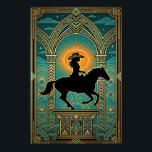 Art Deco Cowgirl Horse Monument Sunburst Poster<br><div class="desc">A majestic architectural tribute to the spirit of the West. This artwork features a black silhouette of a cowgirl riding a horse, presented as a monument atop an ornate Art Deco pedestal. Framed by a towering cathedral-style geometric arch and a vibrant orange sunburst, the deep teal sky is dotted with...</div>