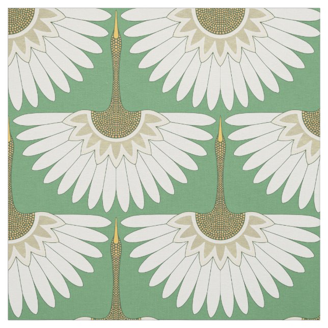 art deco cranes meadow green fabric (Swatch)