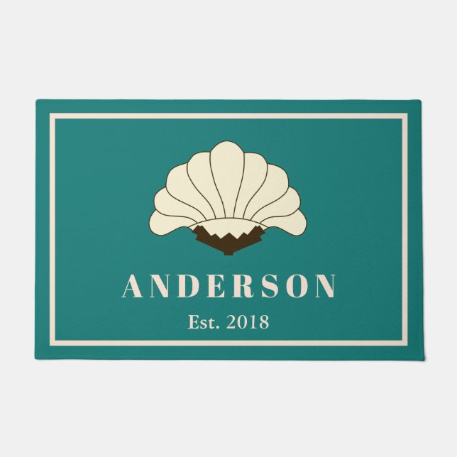 Art Deco Cream Flower Blossom Crest & Teal Doormat (Front)