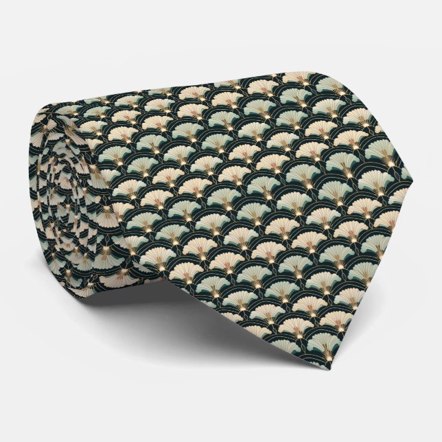 Art Deco Cream & Teal Fan Pattern Neck Tie (Rolled)