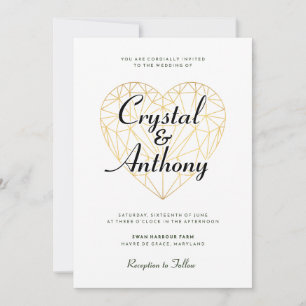 Art Deco Crystal Heart Script Wedding Invitation