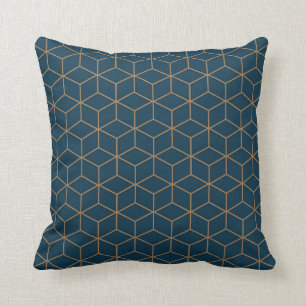 Art Deco Cube Grid Outine In Gold And Blue  Cushion