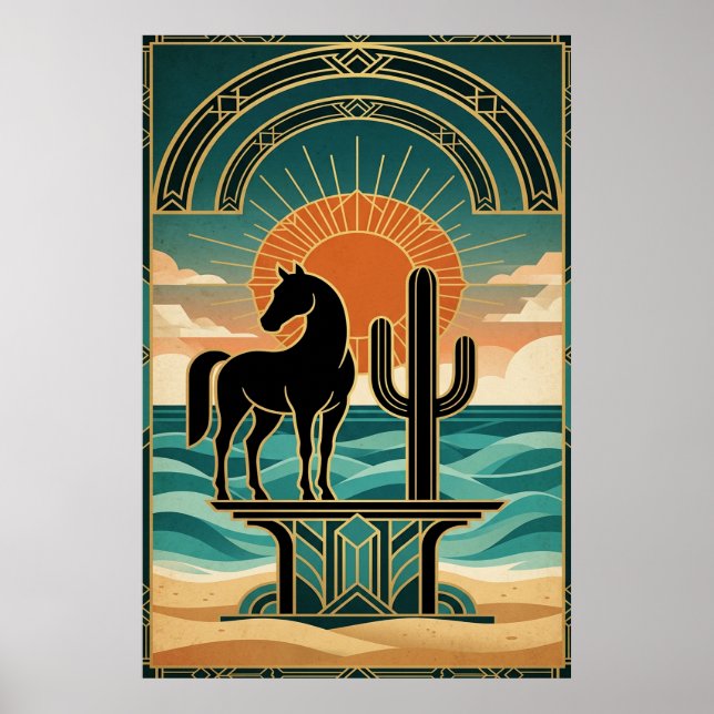 Art Deco Cubist Woman Celestial Sunburst Gold Teal Poster (Front)