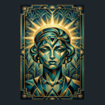 Art Deco Cubist Woman Sunset Gold Teal Poster<br><div class="desc">A mesmerising blend of cubist form and Art Deco symmetry. This portrait features a stylised woman's face composed of geometric teal and black planes, framed by a radiant, celestial gold sunburst. The composition is anchored by intricate botanical and chevron patterns, making it a sophisticated statement piece for a modern gallery...</div>