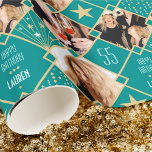 Art Deco Custom Age Name & Photos Birthday Teal Wrapping Paper<br><div class="desc">Add a touch of Art Deco style with this personalised name and photo gift wrap. A seamless pattern featuring geometric diamond shapes and stars in a palette of blue-green, white and gold colour. Custom birthday wrapping paper is a great way to add luxury to your gifts and make them truly...</div>